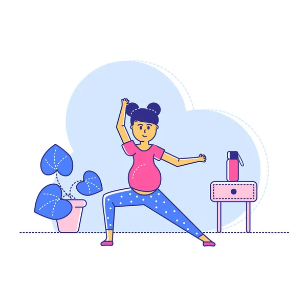 Sen gravid period yoga övningar, linje kvinna karaktär träning sport träning isolerad på vit, platt vektor illustration. — Stock vektor
