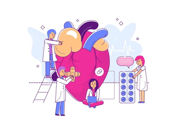 Tiny character professional scientific doctor, teamwork research organism, line physician personal study heart isolated on white, flat vector illustration. — Stock Vector