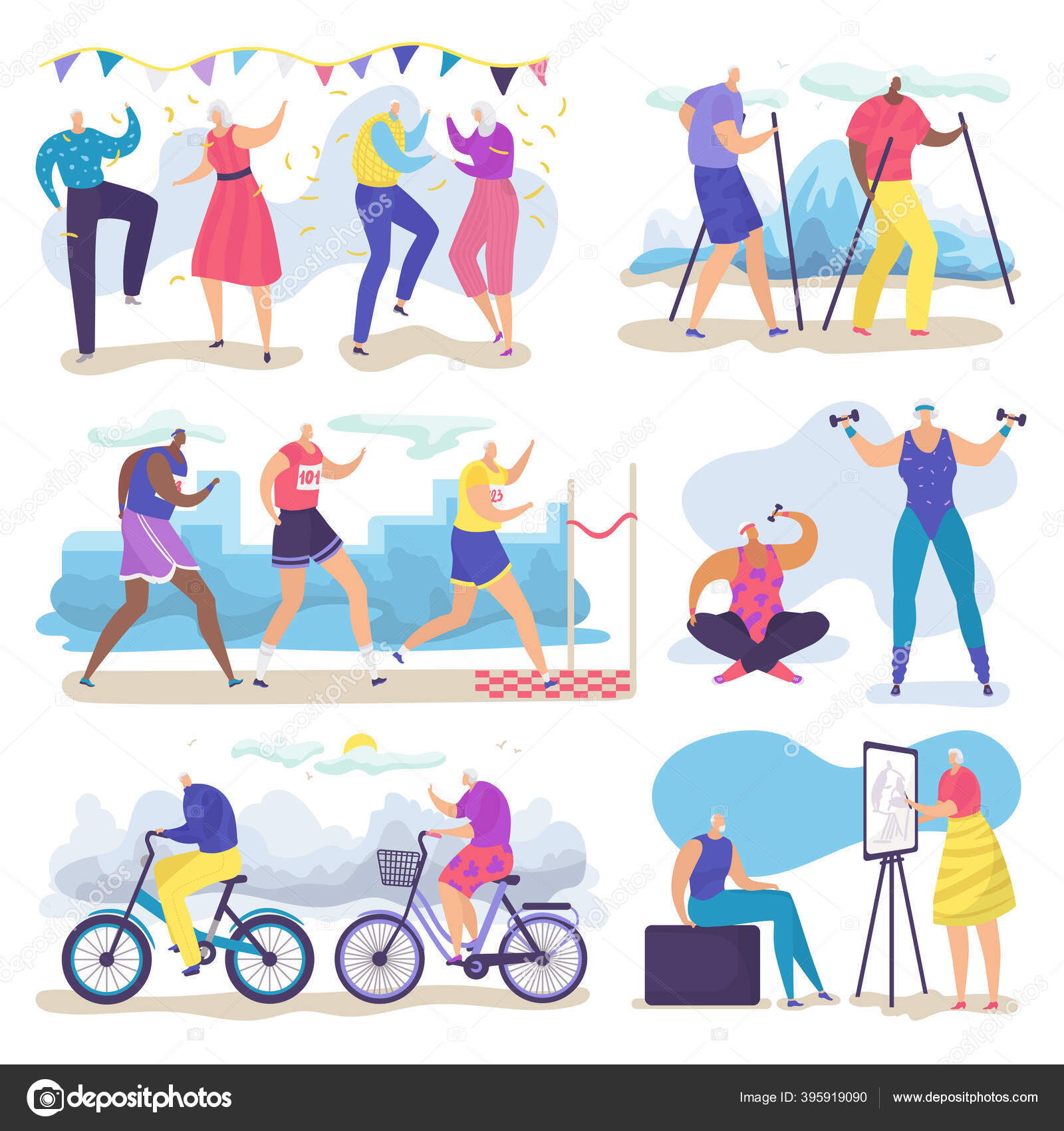 Active senior old people vector illustration set, cartoon flat group of  elderly characters walking, running, dancing isolated on white Stock Vector  by ©luplupme.gmail.com 395919090, image size:1600x1700
