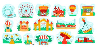 Atlıkarınca çizim setiyle lunapark, lunapark lunaparkı lunaparkı lunaparkı hız trenleri, hava balonu, dönme dolap ikonları.