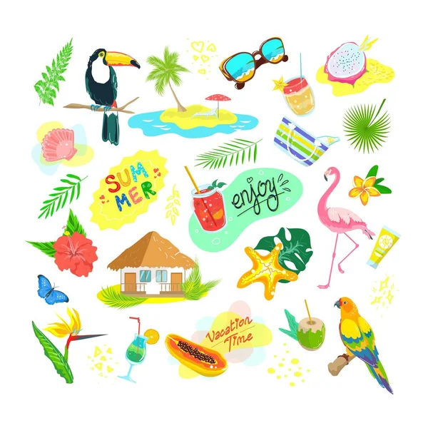 Desenhos animados tropical elementos exóticos conjunto de ilustrações vetoriais, coleção plana com pássaro da selva, folhas de palmeira e flores, acessórios de praia — Vetor de Stock