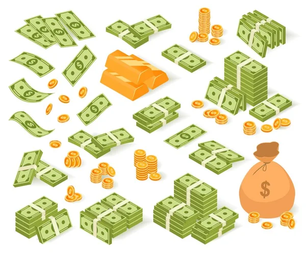 Isometric para vektör illüstrasyon seti, kağıt dolar banknotları çizgi film koleksiyonu, bozuk para çantası, beyaz izole altın külçe para yığını