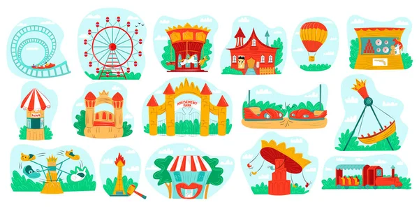 Parque de atracciones con carrusel vector ilustración conjunto, dibujos animados divertidos iconos feria de carnaval con montañas rusas, globo aerostático, noria — Vector de stock