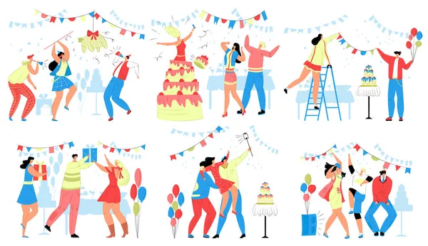 Ευτυχισμένοι άνθρωποι στο πάρτι γενεθλίων διάνυσμα εικονογράφηση που, κινούμενα σχέδια επίπεδη άνδρες χαρακτήρες γυναίκα γιορτάσουν την ημερομηνία γέννησης μαζί απομονώνονται σε λευκό — Διανυσματικό Αρχείο
