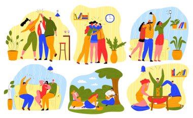 Arkadaşlar birlikte zaman geçirirler vektör çizimleri, çizgi film düz düz erkek mutlu kadın karakterler, aktif insanlar beyaz üzerinde izole edilmiş eğlenirler.