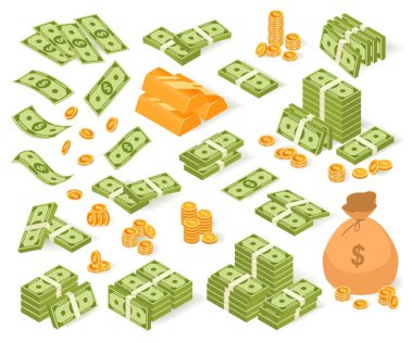 Isometric para vektör illüstrasyon seti, karikatür 3 boyutlu banknotlar, bozuk para torbaları ve para desteleri, beyaz üzerine izole altın çubuk