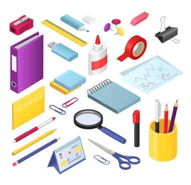 Isometric kırtasiye vektör illüstrasyon seti, karikatür 3D ofis veya okul kırtasiye malzemeleri, kalem veya işaret kalemi, kauçuk, keskinleştirici