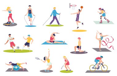 İnsanlar spor egzersizleri, vektör illüstrasyon seti, karikatür düz erkek kadın sporcu karakter eğitimi, beyaz üzerine izole edilmiş spor aktivitesi yapıyorlar.