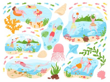 İnsanlar yüzer, yaz etkinliği illüstrasyon seti, karikatür yassı aktif erkek kadın karakterler su altına dalarken beyazlar üzerinde izole olurlar.