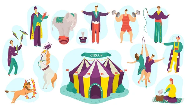 Pessoas em conjunto de ilustração de vetor de desempenho de circo, desenho animado divertido personagem artista ativo realizando show de mágica isolado no branco —  Vetores de Stock