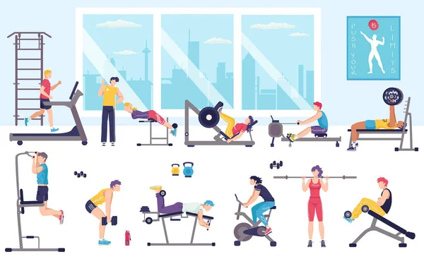 Menschen trainieren in Turnhalle Vektor Illustration, Cartoon flache Mann Frauenfiguren tun Sportübungen, Fitness-Aktivität isoliert auf weiß — Stockvektor