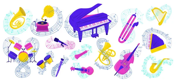 Instrumento musical vector ilustración conjunto, dibujos animados plana colorido colección iconos acústicos para músico con notas aisladas en blanco — Archivo Imágenes Vectoriales