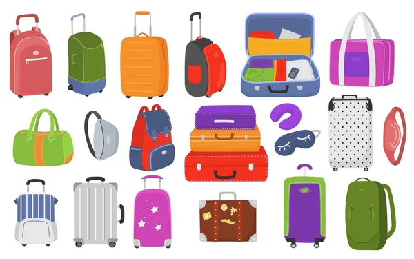 Набір туристичних багажів для відпочинку та подорожей плоский ізольований Векторні ілюстрації. Пластикові, металеві валізи, рюкзаки, сумки для багажу . — стоковий вектор