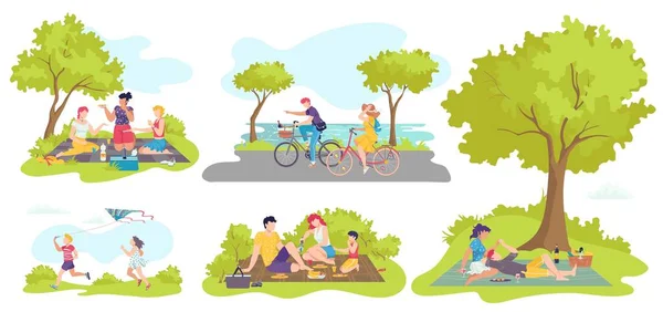 Picnic al aire libre en verano, personas con comida en la naturaleza, familias, pareja feliz enamorada, tumbados en el césped en el parque y disfrutando de ilustraciones de dibujos animados conjunto. — Vector de stock