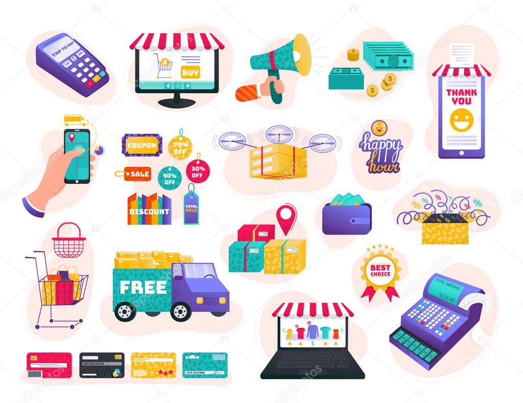 Online store, e commerce vector illustration set, cartoon flat human hand buying goods, icons for web interface store isolated on white
