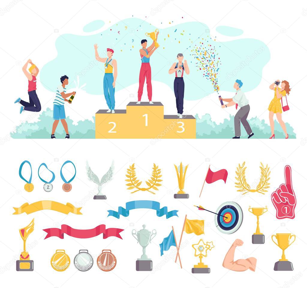 Award for people win in sport vector illustration set, cartoon flat sportsman characters standing on podium, awards icons isolated on white