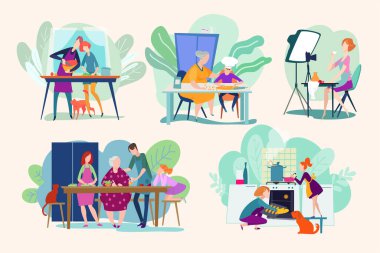 Aşçılar yemek pişirir, karakterli kadın ya da erkek aşçı pişirir, mutfak vektör çizimleri üzerine yemekler yapar. Baker, aşçılık videosu kursundakiler....