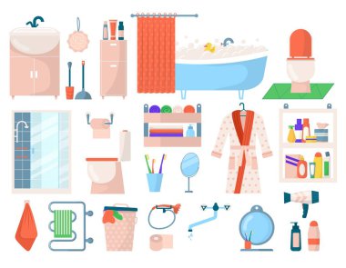 Banyo hijyen aksesuarları, banyo kişisel bakım spa elementleri beyaz vektör çizimlerine izole edilmiş. Temizlik malzemeleri seti..