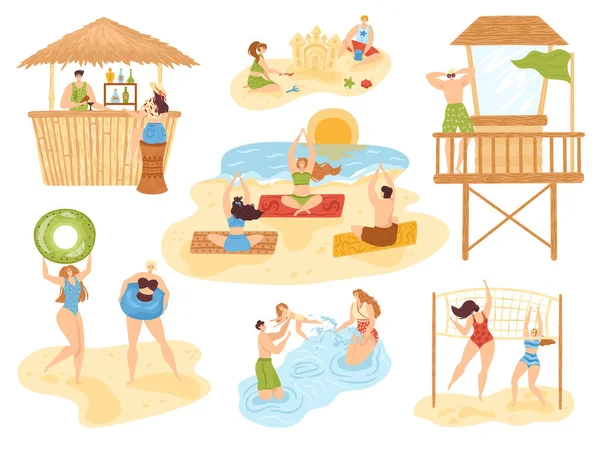 Plage activités d'été ensemble d'illustration vectorielle isolée, les gens sur la mer, le sport amusant et actif, collection de plage de vacances. Yoga, bar de plage. — Image vectorielle