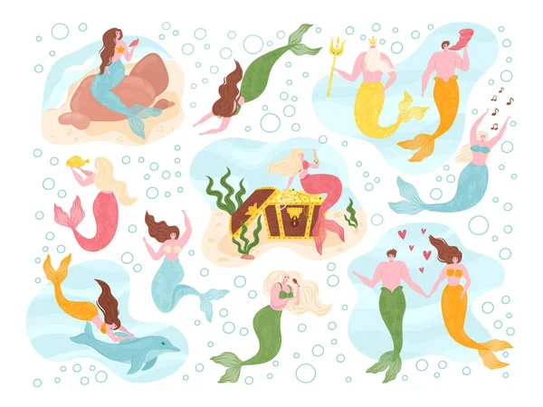 神話の海の生き物と海洋テーマに設定された海の妖精水中の人魚。魚の尾、イルカ、海藻とマーメイド. — ストックベクタ