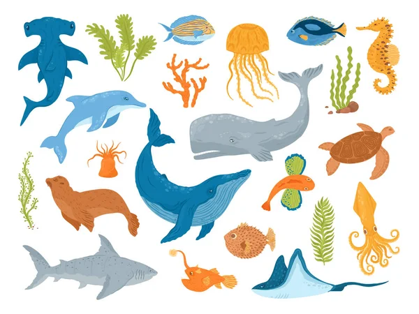 Oceánské a mořské živočichy a ryby, soubor izolovaných vektorových ilustrací. Mořští mořští živočichové a savci, velryby. — Stockový vektor