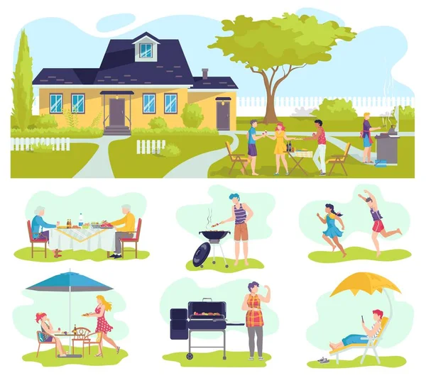 Grigliata in famiglia picnic in estate set di illustrazioni vettoriali isolate, barbecue con padre, carne alla griglia madre, giochi per bambini. — Vettoriale Stock