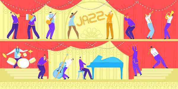 Jazz concerto banda de música, músicos com instrumentos musicais e cantor, performance ou festival banners horizontais ilustração vetorial . — Vetor de Stock