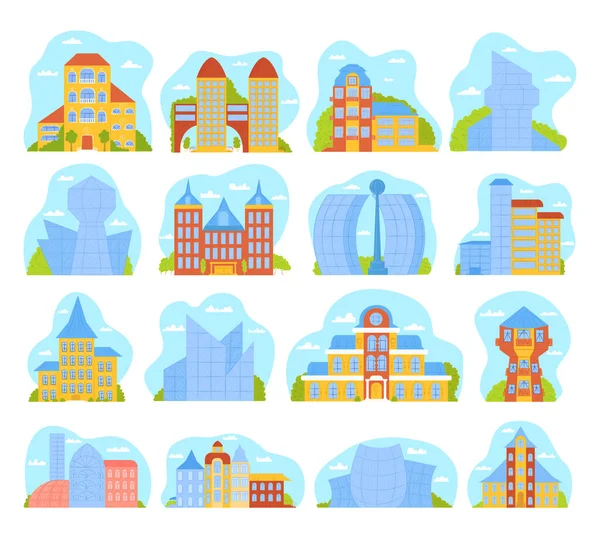 Nowoczesne budynki miejskie zestaw odosobnionych ilustracji wektorowych z architekturą skyscrappers. Miejski krajobraz mordenów, wieże. — Wektor stockowy