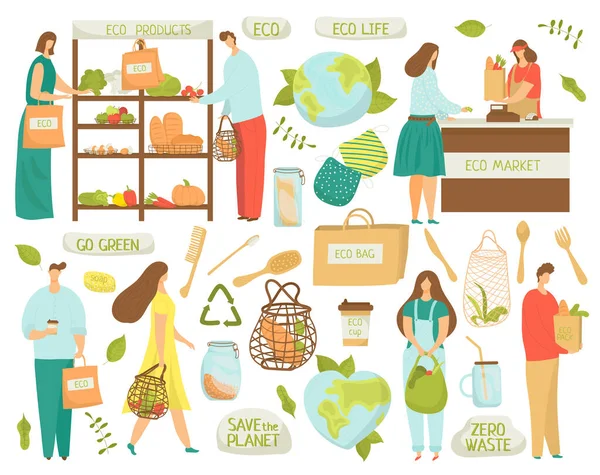 Sıfır atık, geri dönüşüm, plastik sembolleri azaltan ekolojik elementler, beyaza izole edilmiş ekolojik yaşam düz vektör çizimleri. Plastik yok.