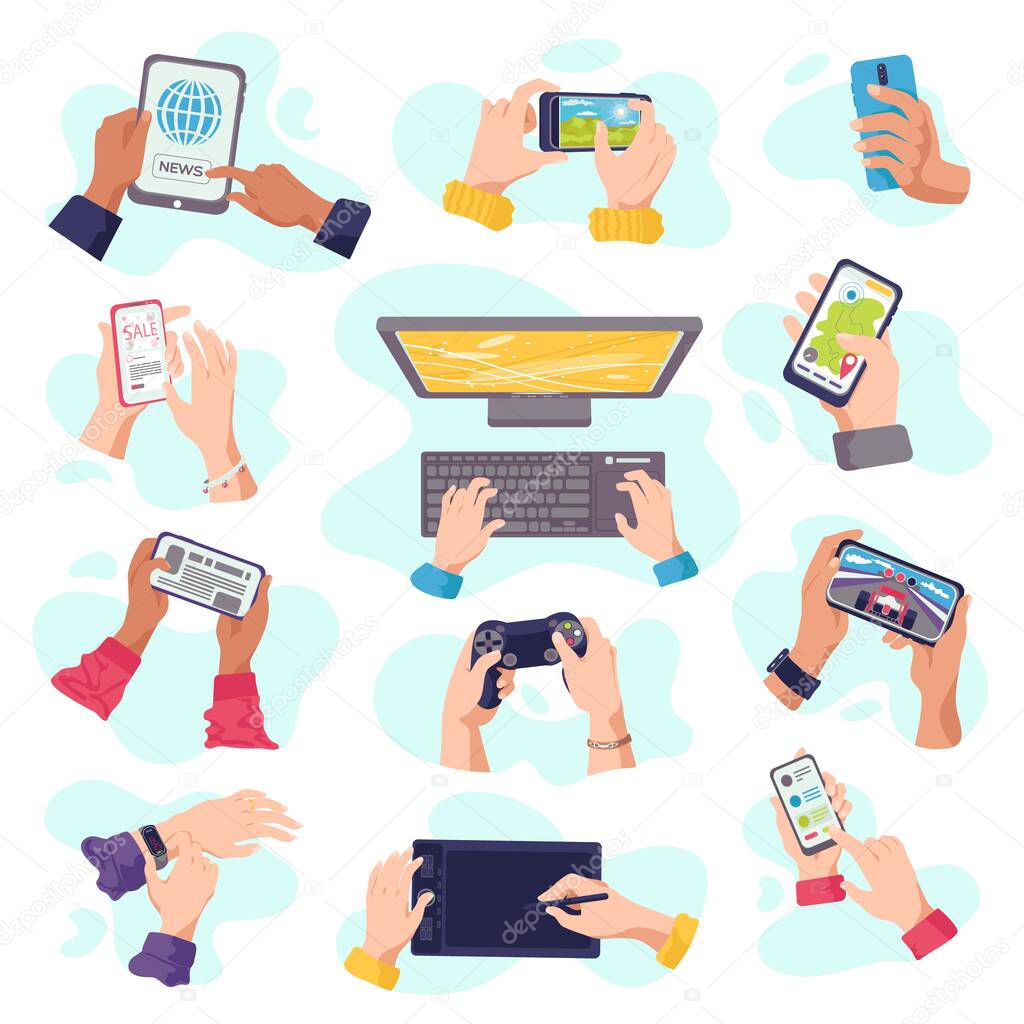 Hands hold gadgets , mobile phones, digital devices electronics, set of isolated vector illustrations. Computer devices.