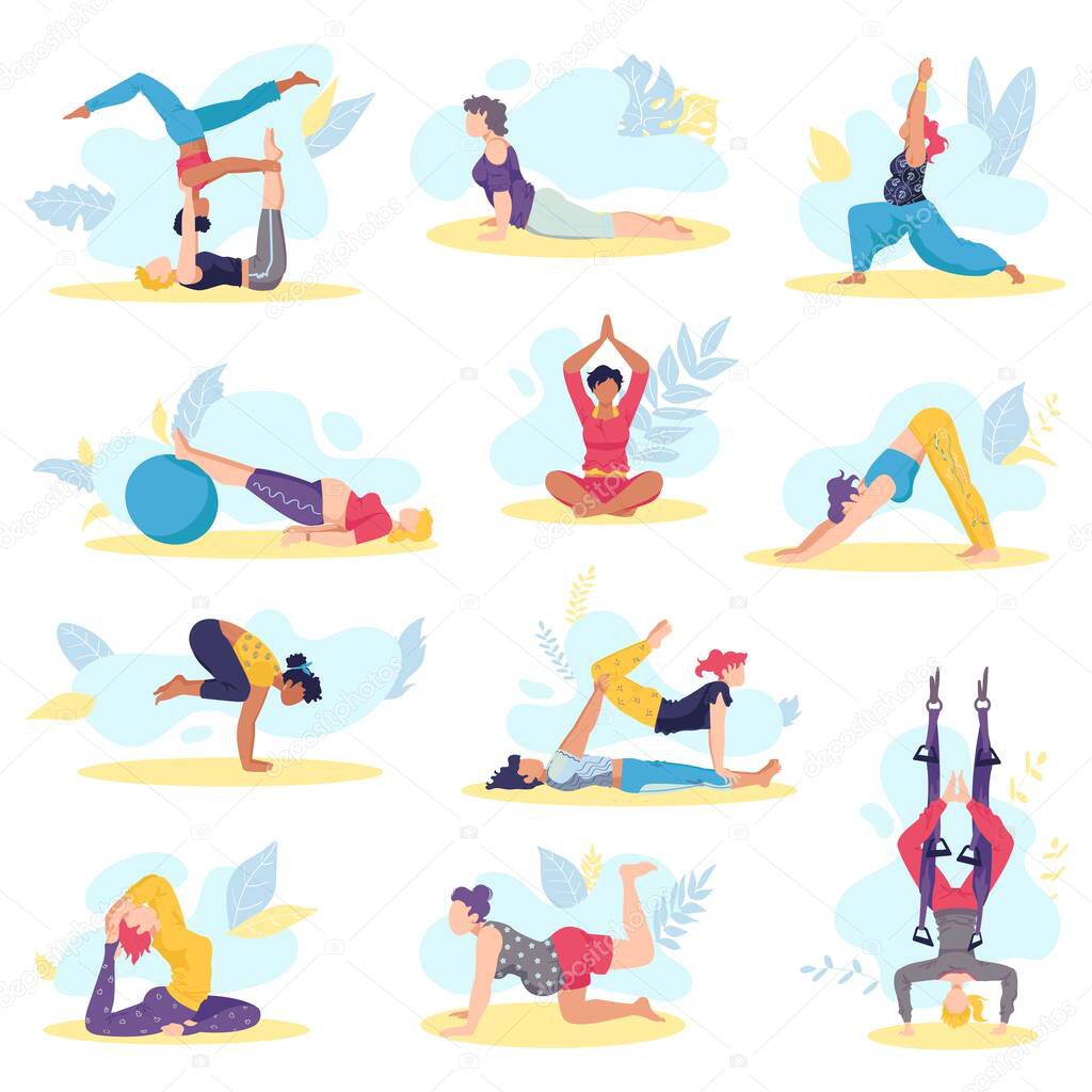 Yoga girl exersices and body health poses training set cartoon vector illustration. Beautiful young girl exercising.