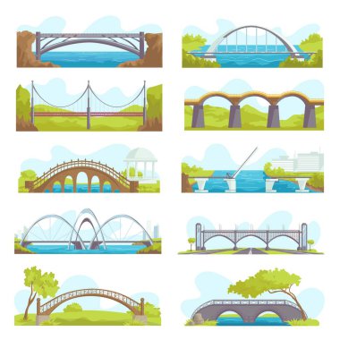 Şehir ve süspansiyon yapısı izole edilmiş vektör çizimlerinin oluşturduğu köprü simgeleri. Köprülü şehir çapraz mimarisi