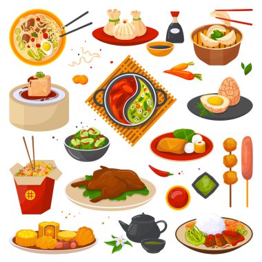 Çin yemeği ya da Asya mutfağında izole edilmiş vektör çizimleri. Çin yemeği, kutu, tabak, çubuk. Dim sum, noodle..