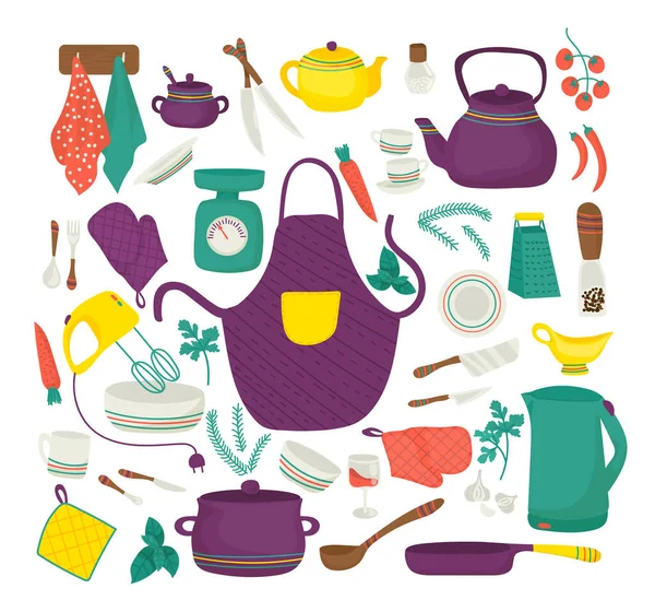 Przybory kuchenne do gotowania, komplet naczyń kuchennych, kolekcja ikon symbolizujących sprzęt kuchenny, jedzenie, gotowanie, ilustracja wektor izolowany. — Wektor stockowy