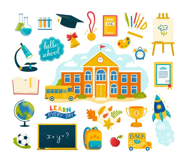 Back to school set of isolated vector illustrations with education icons collection. Schoolhouse and supplies of schoolbook. — Stock Vector