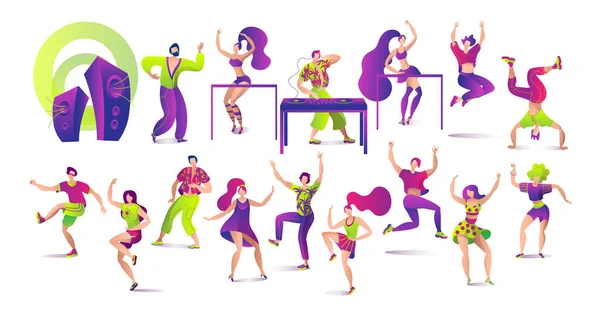 Conjunto de bailarines aislados sobre ilustraciones vectoriales blancas. Jóvenes, dj y danza, bailarines posan conjunto, divertido y feliz. — Vector de stock