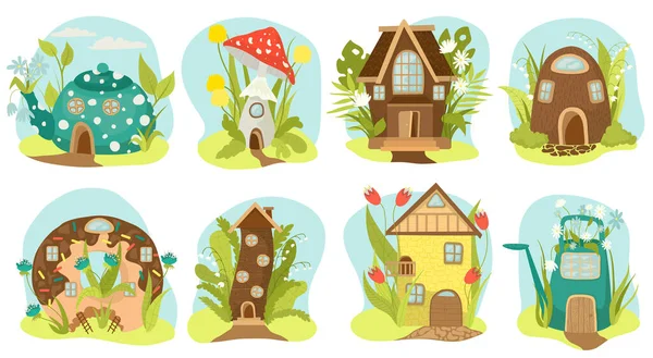 Набор сказочных домов, сказочные домики изолированные векторные иллюстрации. Дом на дереве и волшебная деревня, детская сказка. — стоковый вектор