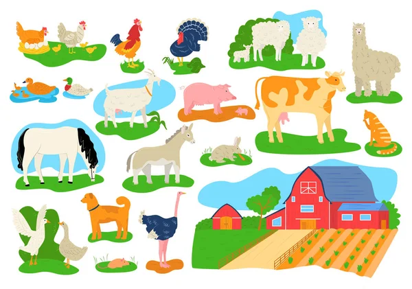 Иконки домашних животных устанавливают изолированные векторные иллюстрации. Корова, лошадь, свинья, коза и овца, курица, бык и кролики. Здание амбара на ферме. — стоковый вектор