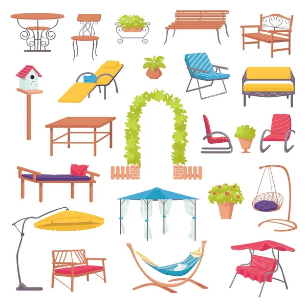 Muebles de exterior para jardín con plantas verdes, sillas, sillones, mesas para el diseño del paisaje ilustración vectorial aislada. — Vector de stock