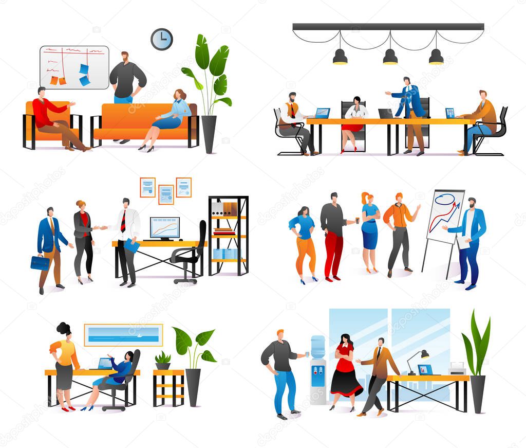 Business people at work meeting in office set of isolated illustrations. Teamwork, two businessmen colleagues at meeting, communication.