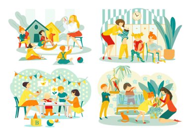 Anaokulunda sanat ve zanaat yapan bir grup çocukla öğretmenlik, vektör çizimlerini giydirmeye yardım eden çocuk yuvası. Kreşte öğretmenle oynayan ve öğrenen çocuklar.