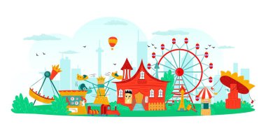 Atlıkarınca ve dönme dolaba sahip eğlence parkı, eğlence festivali ve izole vektör resimleriyle izole edilmiş eğlence sembolleri. Sirk, dönme dolap..