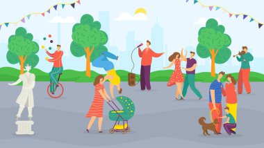 Şehir sokak festivali, yaz festivali, müzisyenler, palyaçolar ve dekorasyonlu aileler için park fuarı, mutlu insanlar kalabalık yürüyor, dans eden vektör illüstrasyonu.