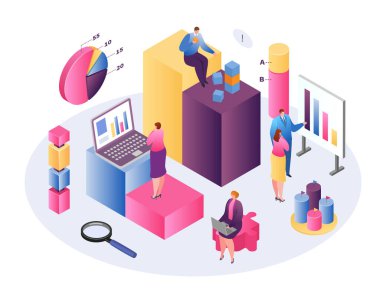 Veri analizi iş teknolojisi izometrik konsept, önx, sabit gelir ve pazarlar, grafikler ve özet bilgi analizi.