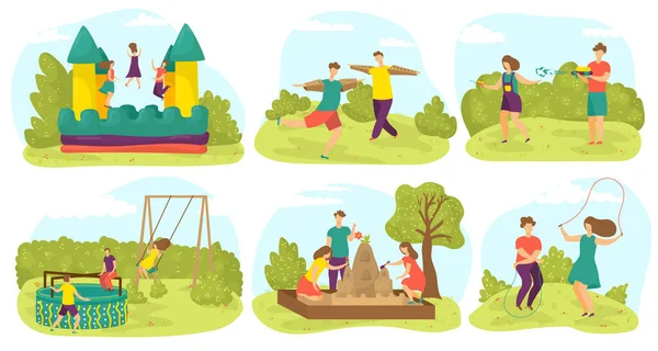 Bambini che giocano, divertirsi al parco giochi all'aperto in estate, gli amici giocano nei giochi di attività del parco, insieme di illustrazioni vettoriali. — Vettoriale Stock