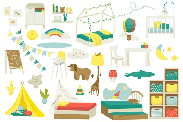 Muebles para niños para habitación de bebé o diseño de sala de juegos, conjunto de ilustración vectorial. Interior del vivero con juguetes, cama para niños, mesa, sillas. — Vector de stock