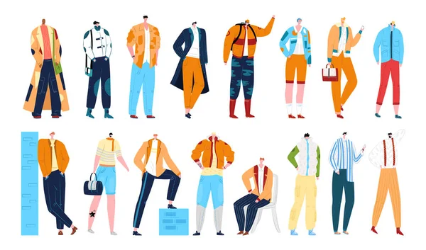 Styles de mode homme, modèles masculins élégants dans les vêtements, ensemble d'illustration vectorielle isolée. Personnages masculins à la mode de bande dessinée. — Image vectorielle