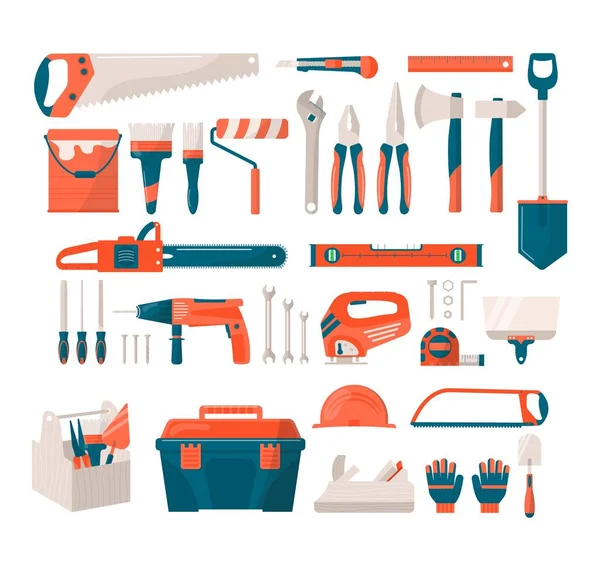 Reparatie-en bouwgereedschap platte pictogrammen set, vector illustratie. Bouw gereedschappen zoals hamer, bijl, liniaal, bijl huis reparatie. — Stockvector