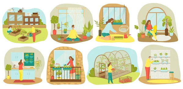 Trädgårdsskötsel, växter och grönsaker i städerna eller jordbrukets uppsättning vektorillustrationer. Plantering trädgård på balkong, i kök. — Stock vektor