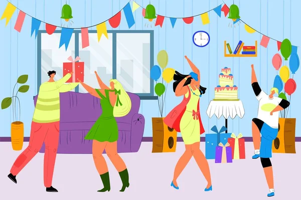 Narozeninová party oslava s vtipnými šťastnými lidmi tančí na párty dovolenou, baví a dává dárky party ploché kreslené vektorové ilustrace. — Stockový vektor